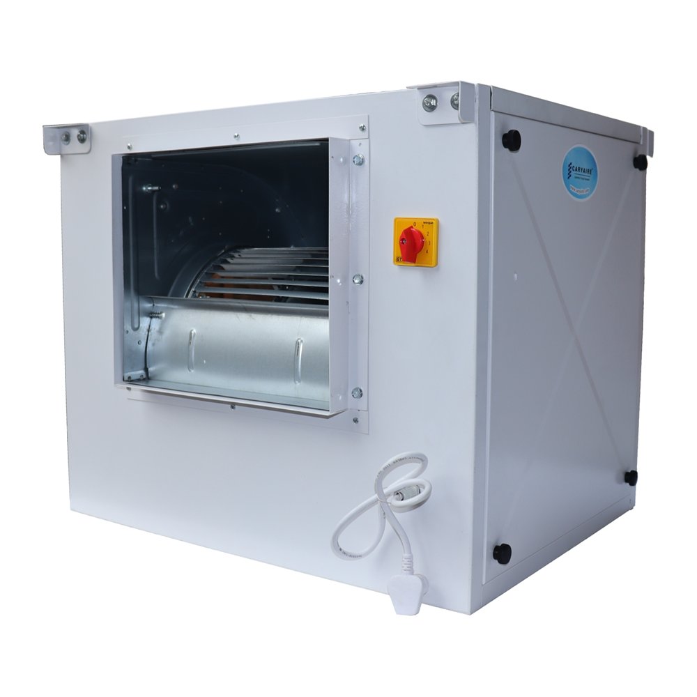 Caryaire CDIF direct drive cabinet fan: white cabinet with front outlet, speed selector and side access panel