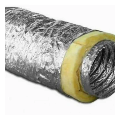 Twiga insulated flexible duct with a metallised outer jacket and glasswool insulation visible at the open end
